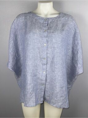 Tahari Blouse Women's Small Blue Boxy 100% Linen Short Oversized Lagenlook